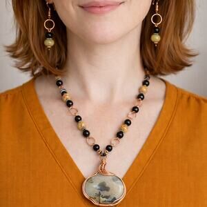 Picture Jasper 1 1/2" Oval Cabochon copper wire wrapped necklace earrings 20"